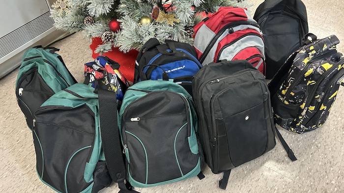 Des sacs à dos sont déposés devant un arbre de Noël.