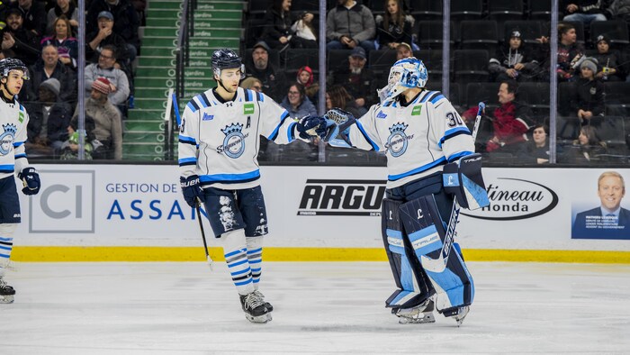 Un joueur de hockey sur glace félicite son gardien de but.