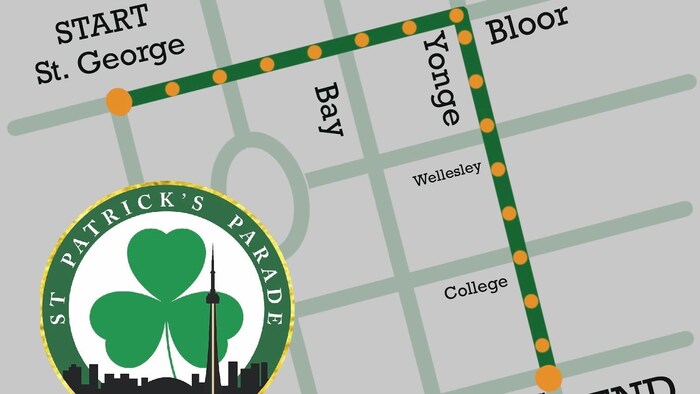 Carte qui montre le tracé du défilé de la Saint-Patrick à Toronto.