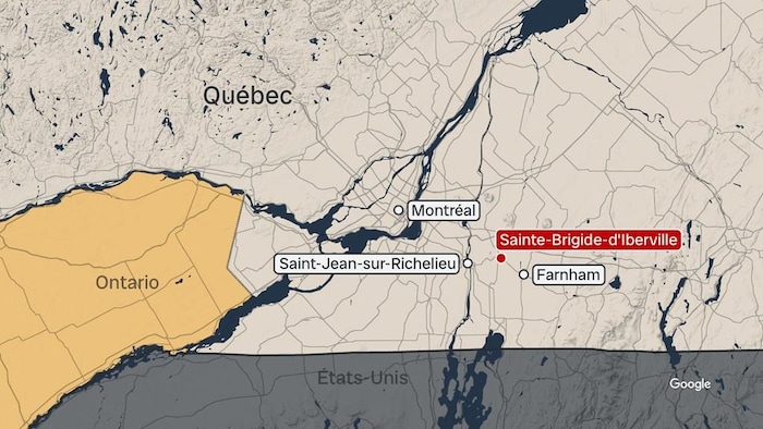 Carte montrant l'emplacement de Sainte-Brigide-d’Iberville, à l'est de Montréal.