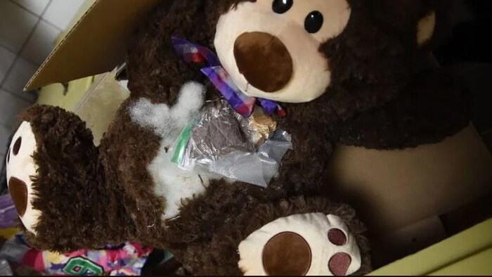 Un ours en peluche et des objets emballés dans de petits sacs.