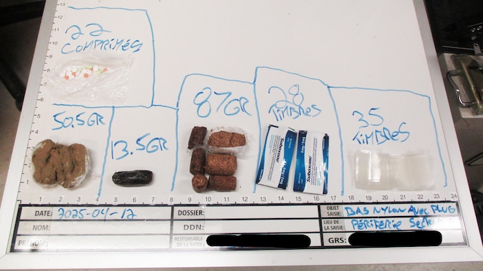 Des comprimés et des sachets sont étalés sur un tableau blanc.