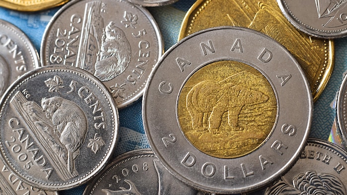 Plusieurs pièces de monnaie canadienne sur une table. Une pièce de 2 dollars est posée par-dessus une pièce de 1 dollar et entourée de pièces de cinq cents.