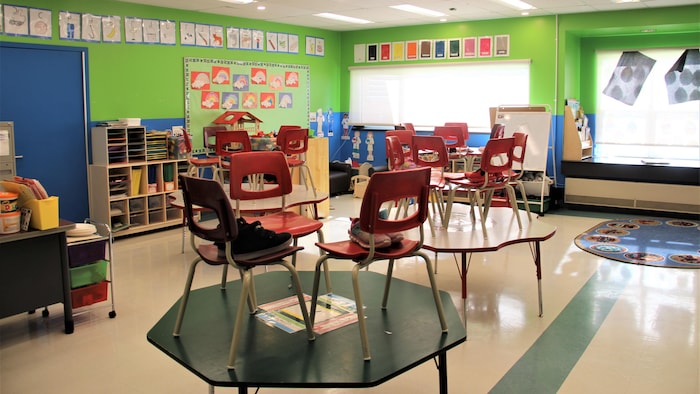 Une salle de classe avec des chaises sur les tables.