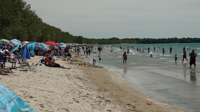 À gauche des milliers de vacanciers sur une plage bondée et à droite d'autres vacanciers s'amusent dans l'eau.                               