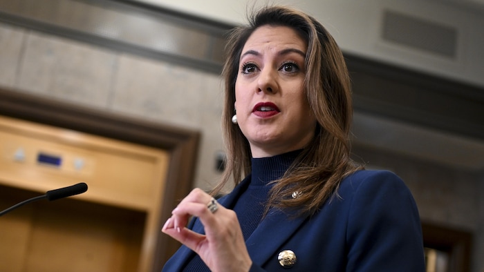 La députée conservatrice Sandra Cobena devant un micro.