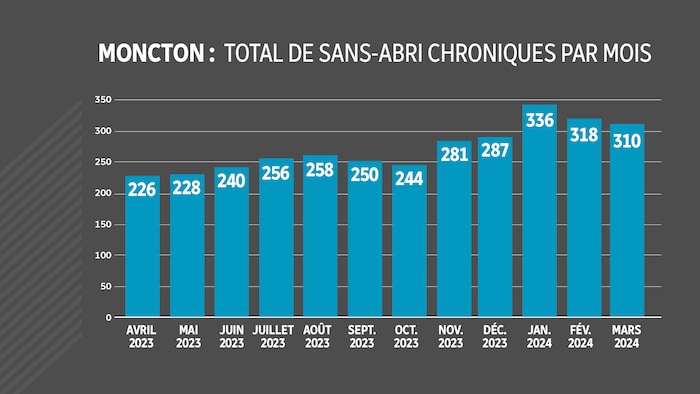 Un tableau sur le nombre de personnes sans-abris de manière chronique à Moncton par mois au cours de la dernière année. 