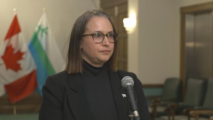 Sarah Stoodley, députée libérale de Mount Scio et présidente du Comité des comptes publics en point de presse.