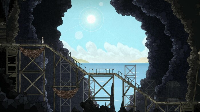 Une illustration montre un personnage de jeu vidéo qui s'apprête à traverser un long escalier, dans une grotte sombre. 