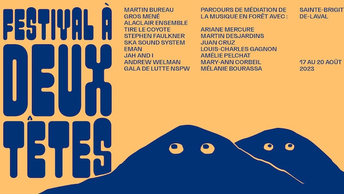 Affiche du Festival à deux têtes de Sainte-Brigitte-de-Laval. Un dessin de deux montagnes avec des yeux. Bleu sur fond orange.