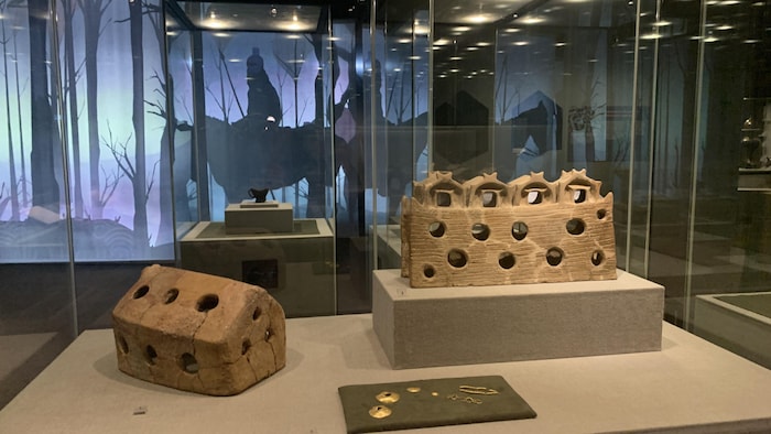 Des objets antiques présentés dans des vitrines et un dessin représentant l'âge du bronze sont présentés dans un musée.