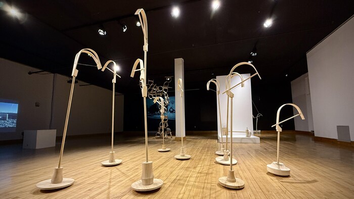 Des sculptures de bois se dressent au sol dans une salle d'exposition. 