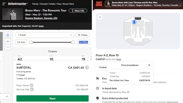 Une capture d’écran de la plateforme Ticketmaster, indiquant une valeur initiale de 334,50 $, et du site web de SeatGeek, où le prix d’un siège semblable se situe à 637 $ avant les frais.