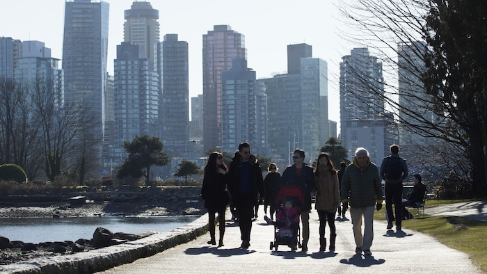 Une famille de cinq personnes, avec un bébé dans une poussette, qui se promène sur le Seawall de Vancouver.