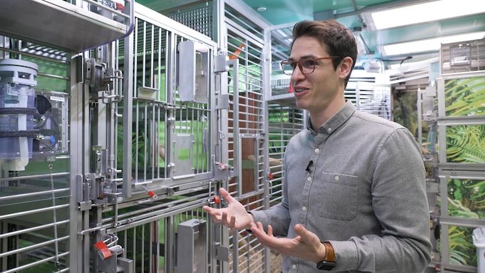 Sébastien Tremblay entouré de cages.