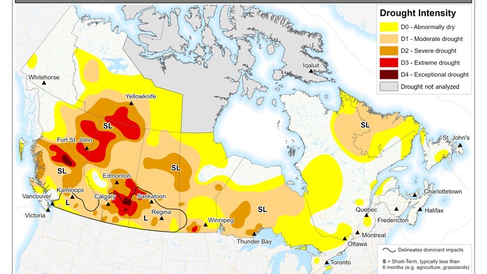 Carte des régions touchées par la sécheresse au Canada.