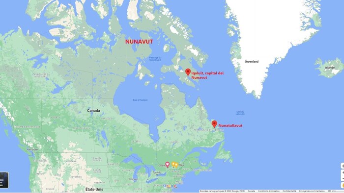 Carte du territoire du Nunavut, au Canada, montrant sa capitale, Iqaluit, et le lieu de naissance du cinéaste Jerry Thevenet, NunatuKavut, dans la province de Terre-Neuve-et-Labrador. 