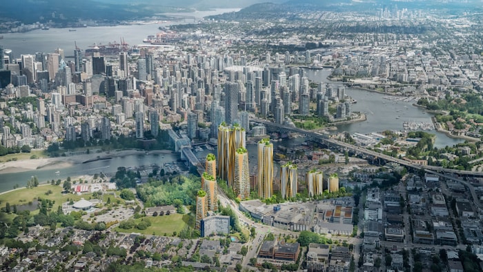 Vue aérienne du centre-ville de Vancouver avec de très hautes tours dans un secteur résidentiel.