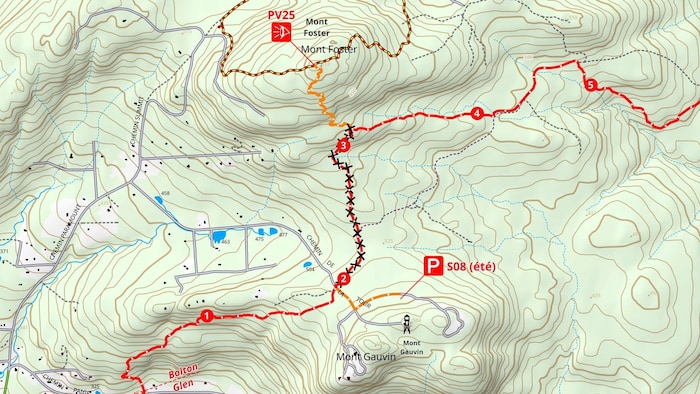 Carte du sentier fermé entre le Mont Foster et le Mont Gauvin.