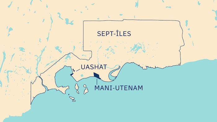 Une carte représentant l'emplacement des communautés innues de Uashat et Mani-utenam et de la ville de Sept-Îles.