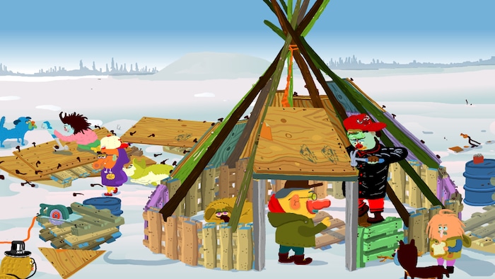 An image taken from the infinite cookie film shows animated characters who build a teepee. two half-brothers-an aboriginal allochthone-are told