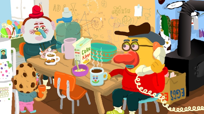 An image taken from the film Endless Cookie shows an animation of two people at a table. One of them holds a telephone handset. two half-brothers-an aboriginal allochthone-are told