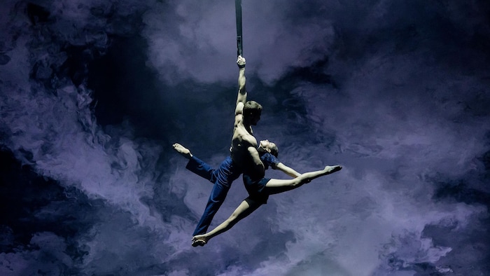 Deux trapézistes en pleine prestation dans les airs.