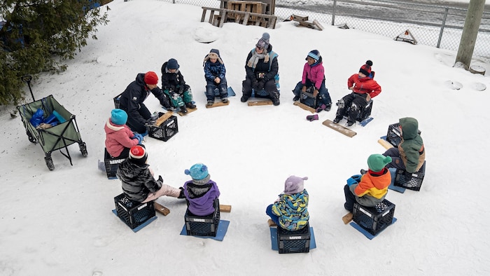 Des enfants assis en rond à l'extérieur, dans une cour d'école en hiver.