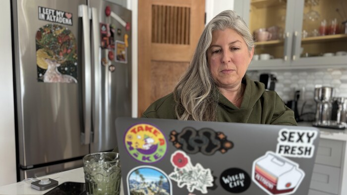 Shawna Dawson Beer assise dans une cuisine travaille à son ordinateur décoré d'autocollants.