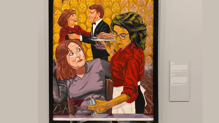 La peinture intitulé Waitress (Serveuse), l'artiste s'y représente comme une serveuse renversant un verre de vin sur une cliente. À l’arrière-plan, des personnages publics, dont Brian et Mila Mulroney, restent impassibles.