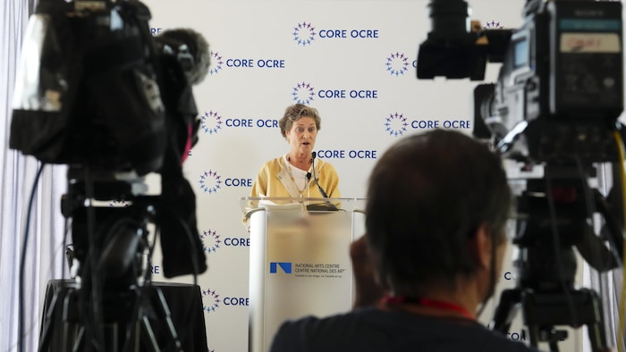 Sheri Meyerhoffer at a press conference.