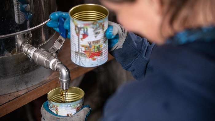 Une personne fait couler du sirop d'érable dans une canne.