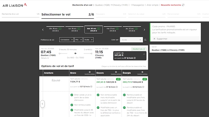 Capture d'écran d'une réservation sur le site web d'Air Liaison