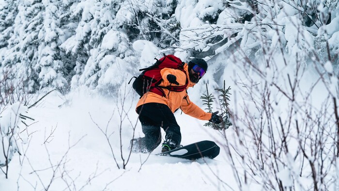 Un skieur dévale une pente enneigée.