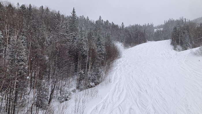 Une pente de ski du Mont-Édouard recouverte d'un épais tapis de neige au lendemain d'une grosse tempête.