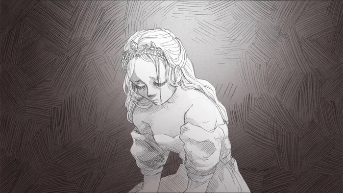 A princess, depressed, drawn on a white sheet with a pencil.