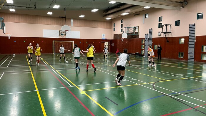 Une dizaine de joueuses de soccer s'entraînent dans un gymnase devant leur entraîneuse.