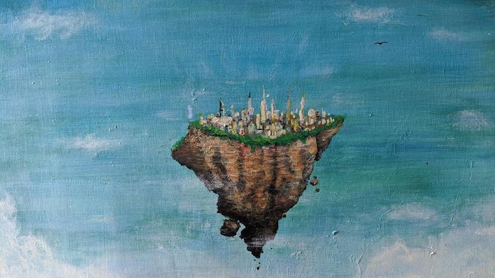 Reproduction d'une oeuvre artistique peinte représentant un morceau de continent flottant dans le ciel, et portant des immeubles.