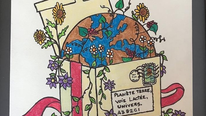 Reproduction d'une oeuvre représentant une boîte cadeau renfermant à moitié la planète terre et des fleurs.