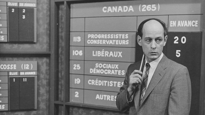 Le journaliste René Lévesque devant un tableau indiquant les sièges de chaque parti.