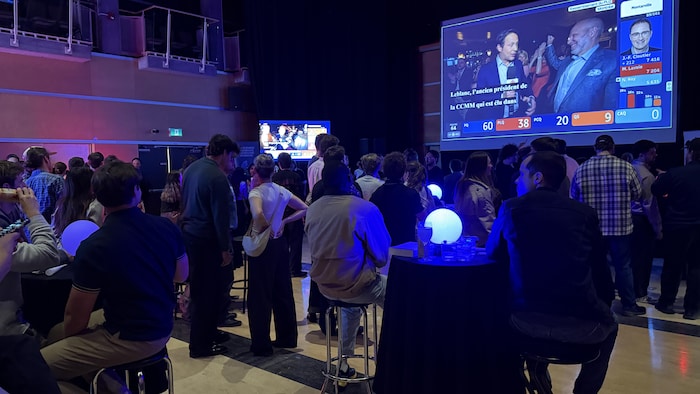 Une salle remplie de personnes qui regardent un téléviseur qui diffuse la soirée électorale.