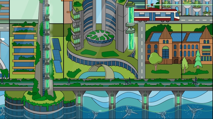 Dessin qui mèle l'urbain et le végétal.