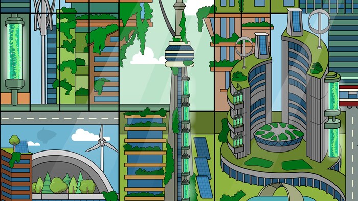 Dessin qui mèle l'urbain et le végétal.