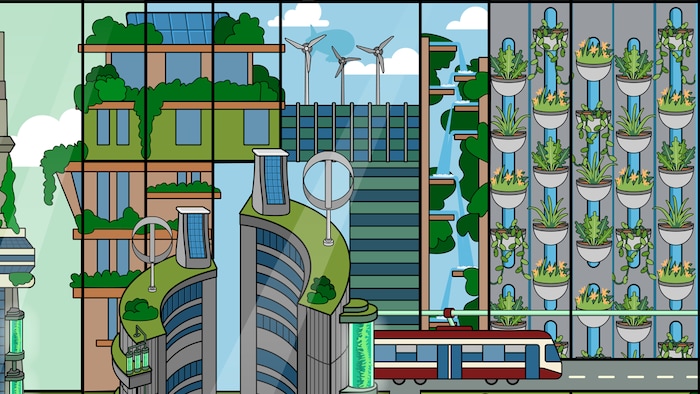 Dessin qui mèle l'urbain et le végétal.