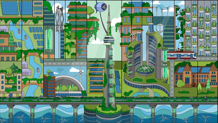Un dessin qui montre une ville pleine de verdure.