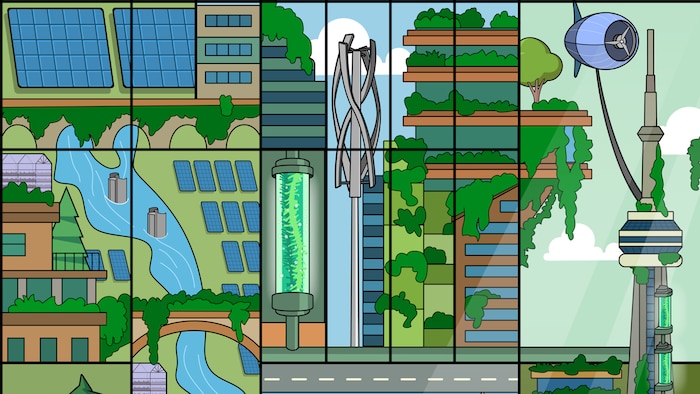 Dessin qui mèle l'urbain et le végétal.