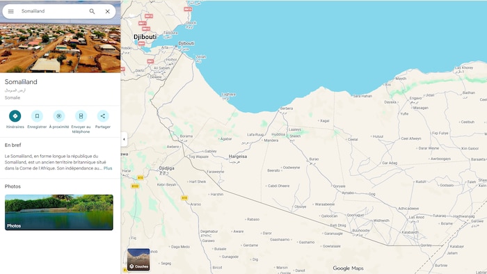 Une carte de Google indiquant le Somaliland.