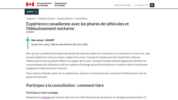 Une capture d'écran du site internet de Transports Canada.