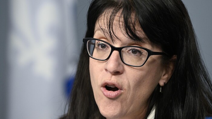 Sonia LeBel parle en conférence de presse.