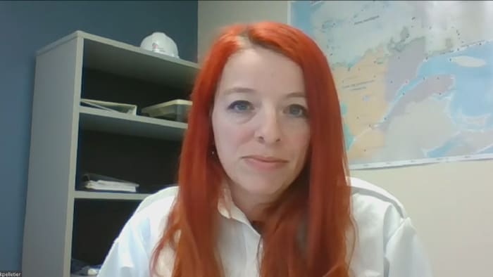 Karine Pelletier en entrevue Zoom dans son bureau.